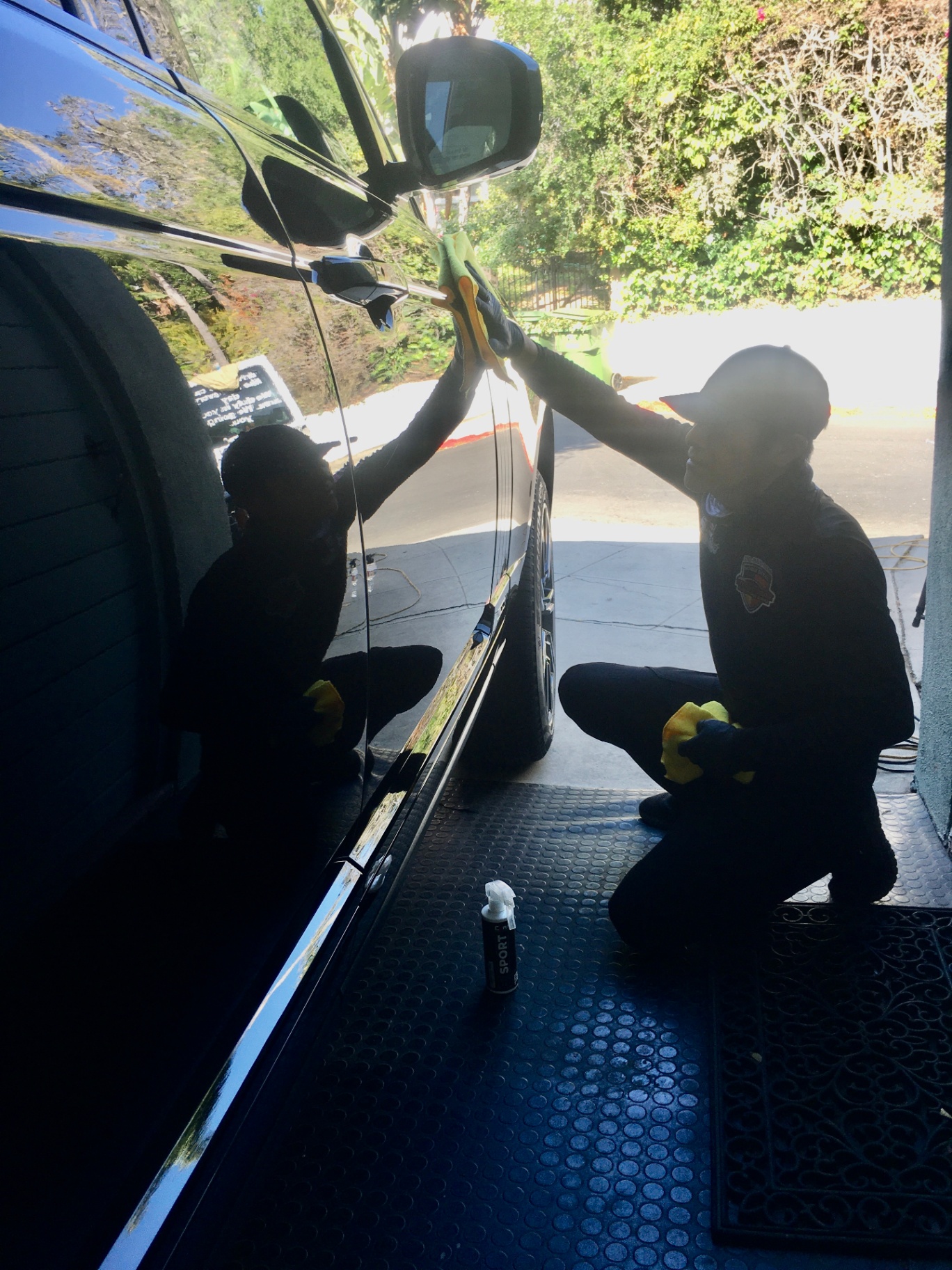 Professional detailer hand-polishing black vehicle