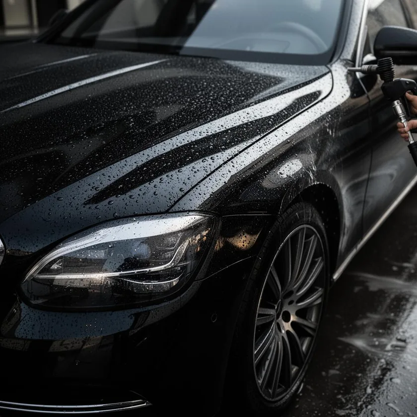 Mobile auto detailer hand-polishing a black luxury sedan in a Los Angeles driveway