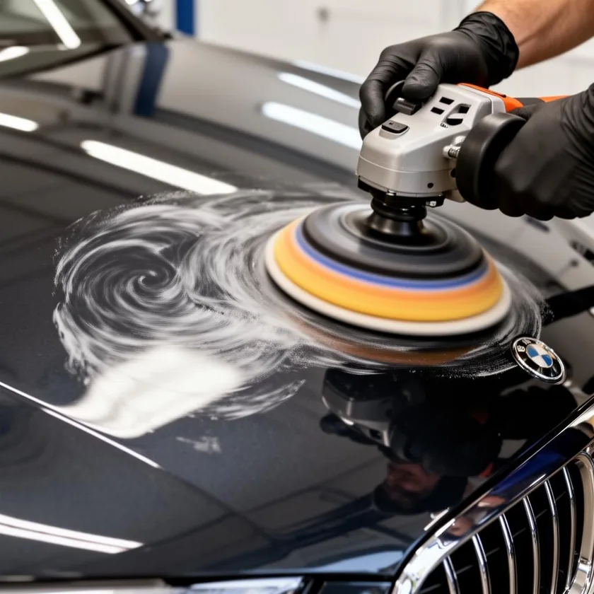 Multi-stage paint correction removing swirl marks from a red sports car
